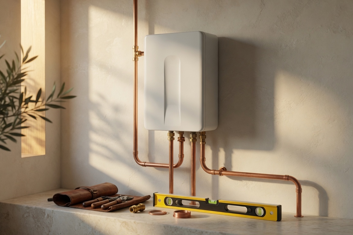 Tankless water heater installed with copper lines on a cream wall