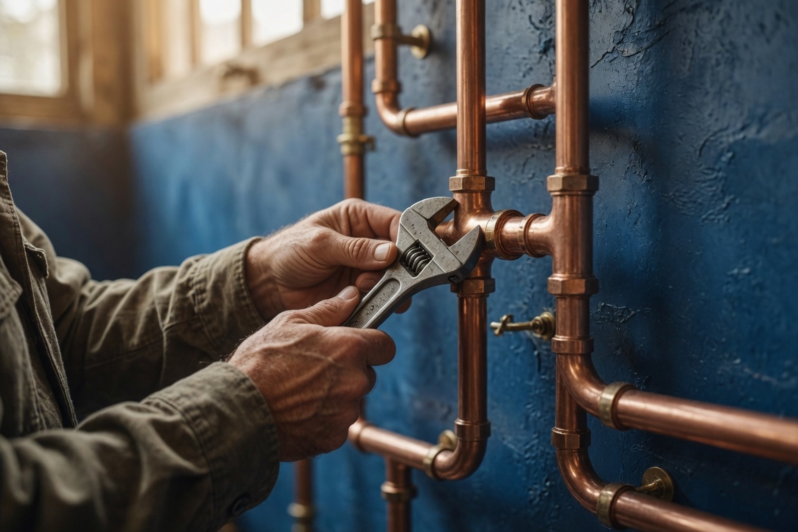 Plumber tightening a copper pipe fitting against a cobalt wall